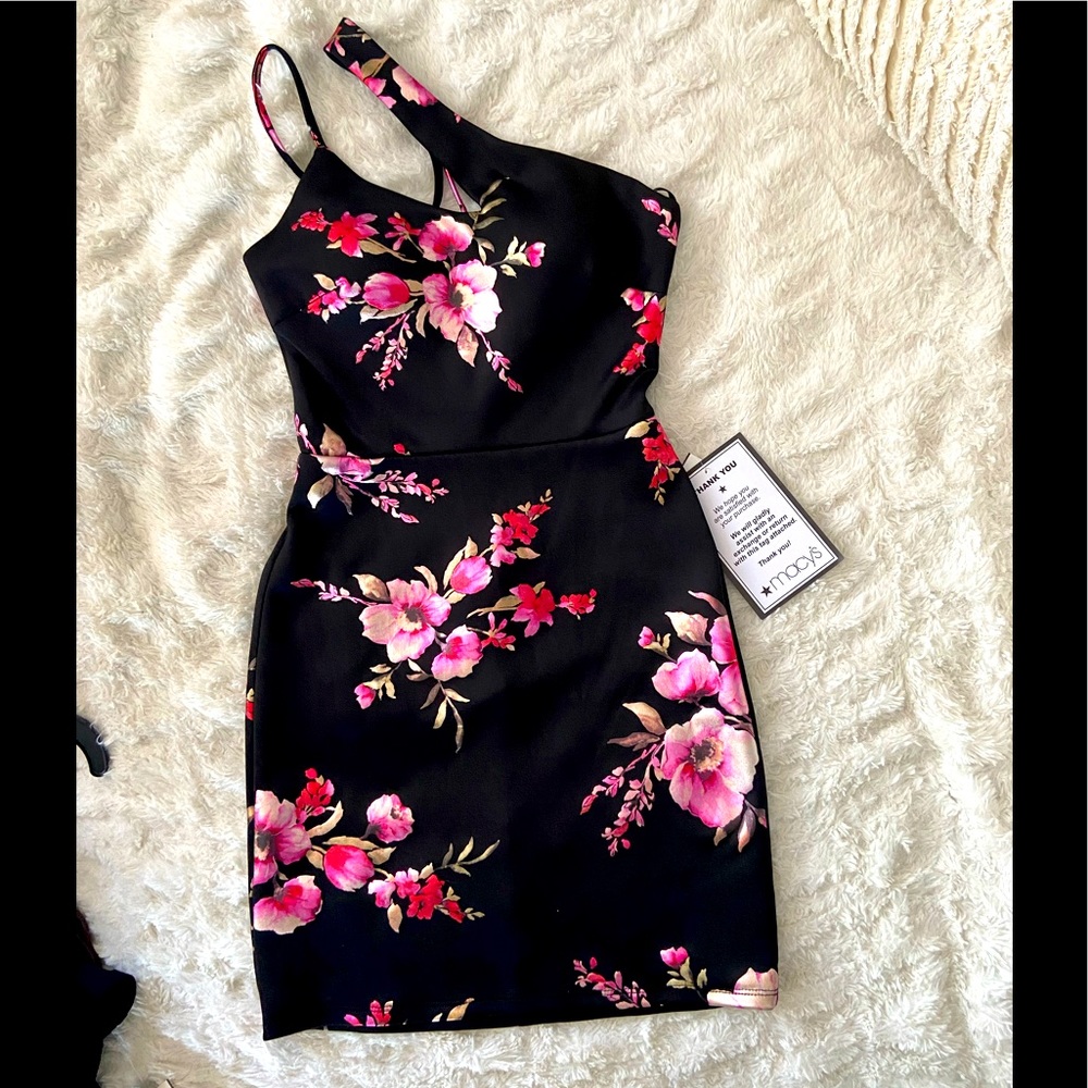B Darlin Black Mini Dress with Pink Floral Print